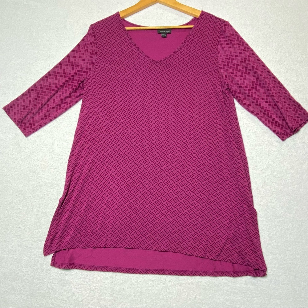 J. Jill Wearever Tunic Top M Fuchsia Black VNeck 3/4 Sleeve Geometric Lagenlook